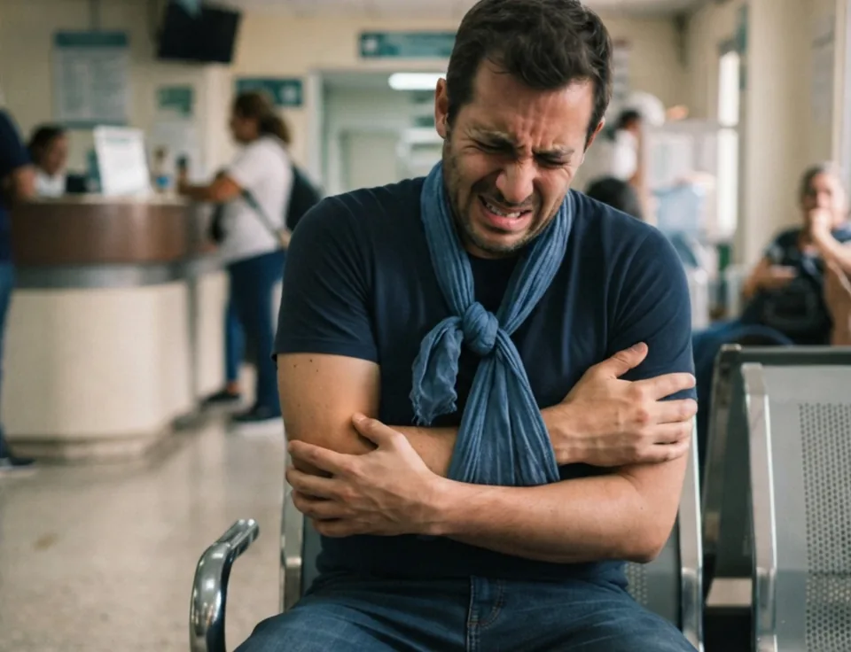 Hombre en la sala de espera de un hospital, con el brazo en cabestrillo y gesto de dolor